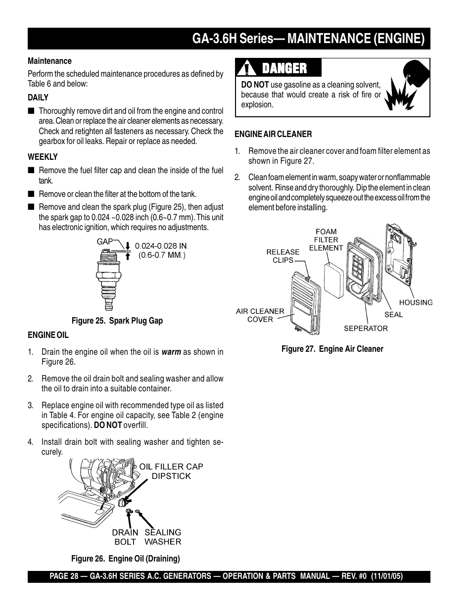 Ga-3.6h series— maintenance (engine), Danger | Multiquip GA3.6H Series User Manual | Page 28 / 86