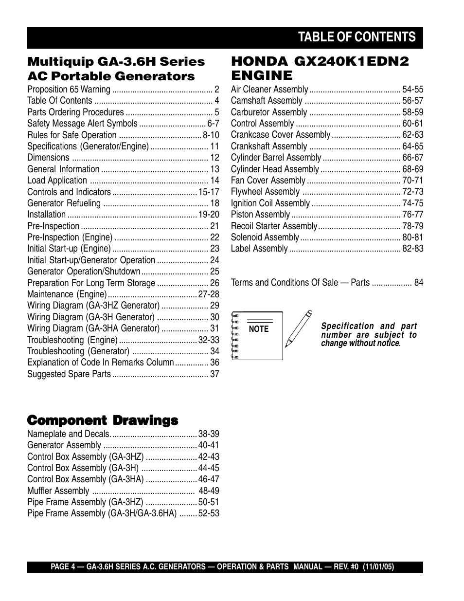 Multiquip GA3.6H Series User Manual | Page 4 / 86