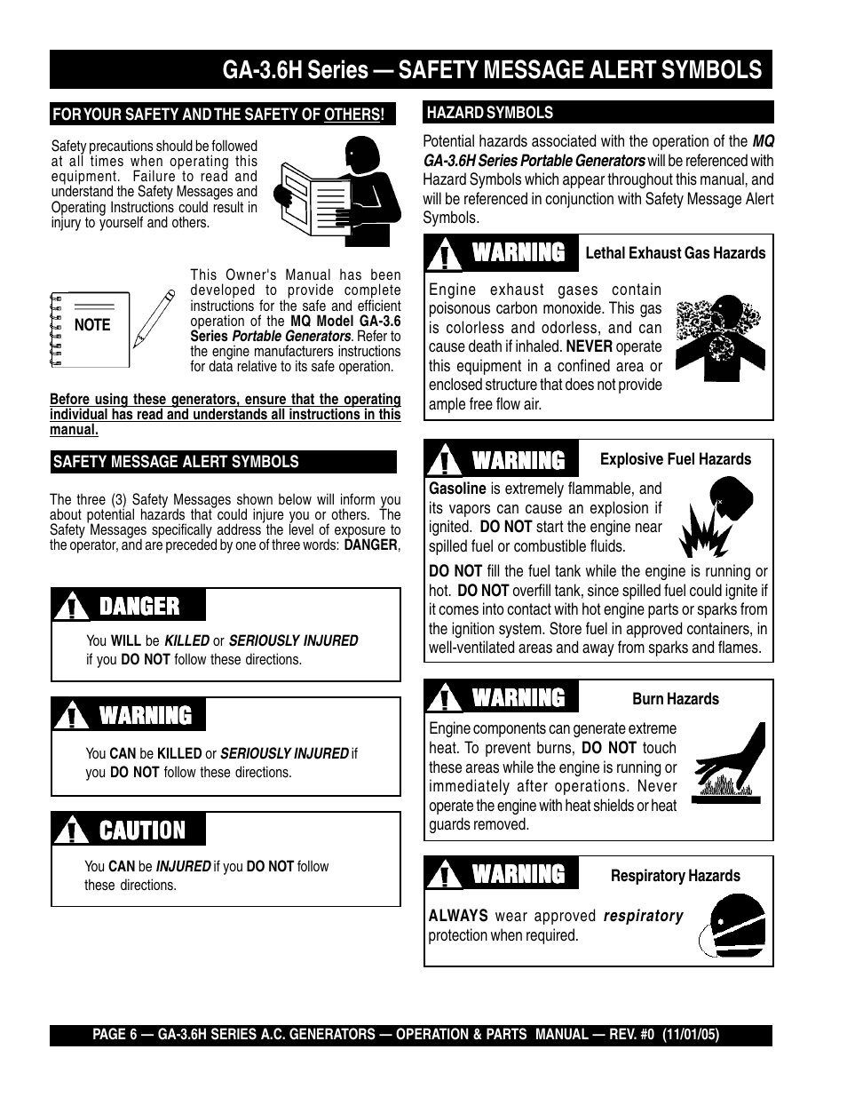 Ga-3.6h series — safety message alert symbols, Cauti, Warning | Multiquip GA3.6H Series User Manual | Page 6 / 86