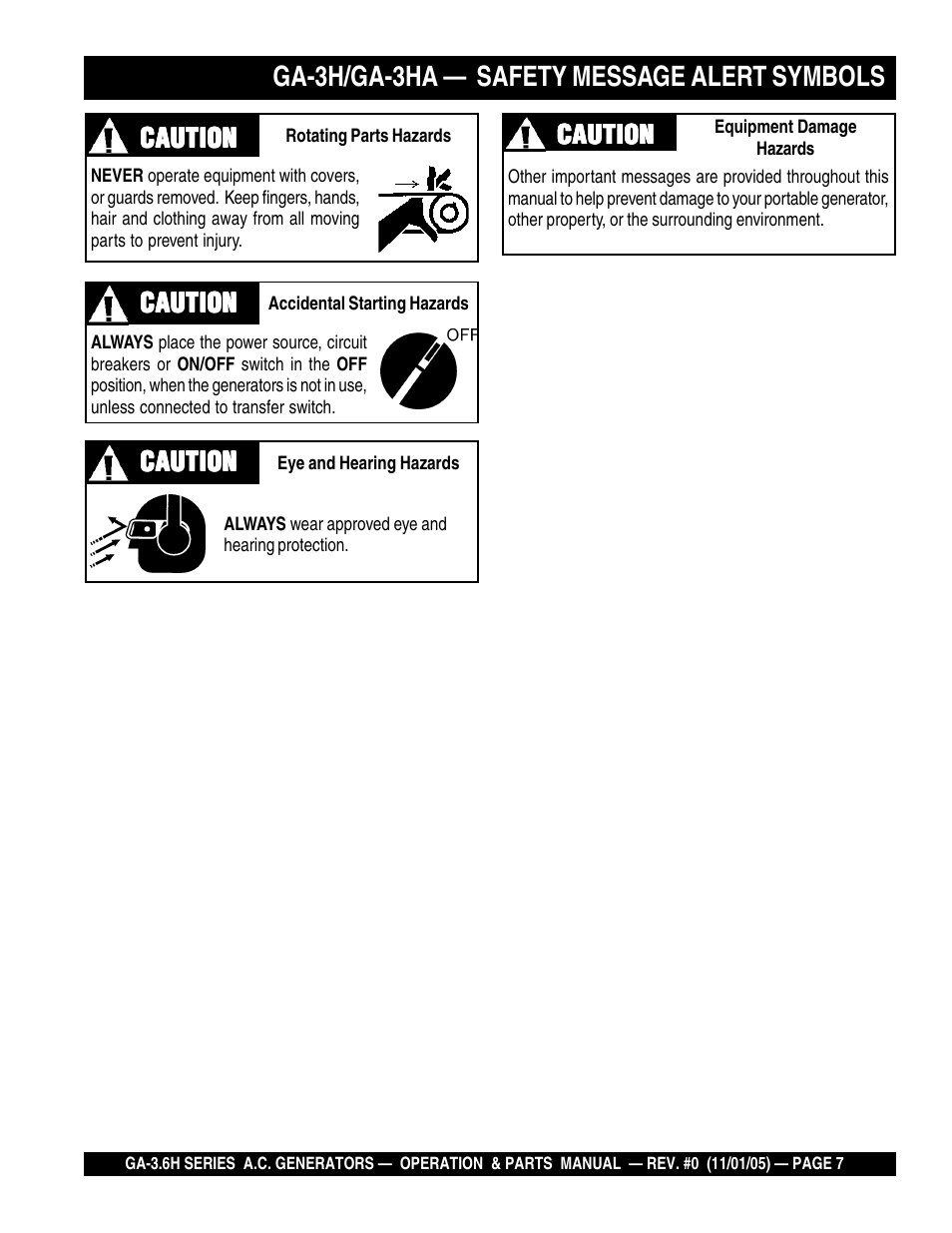 Ga-3h/ga-3ha — safety message alert symbols | Multiquip GA3.6H Series User Manual | Page 7 / 86