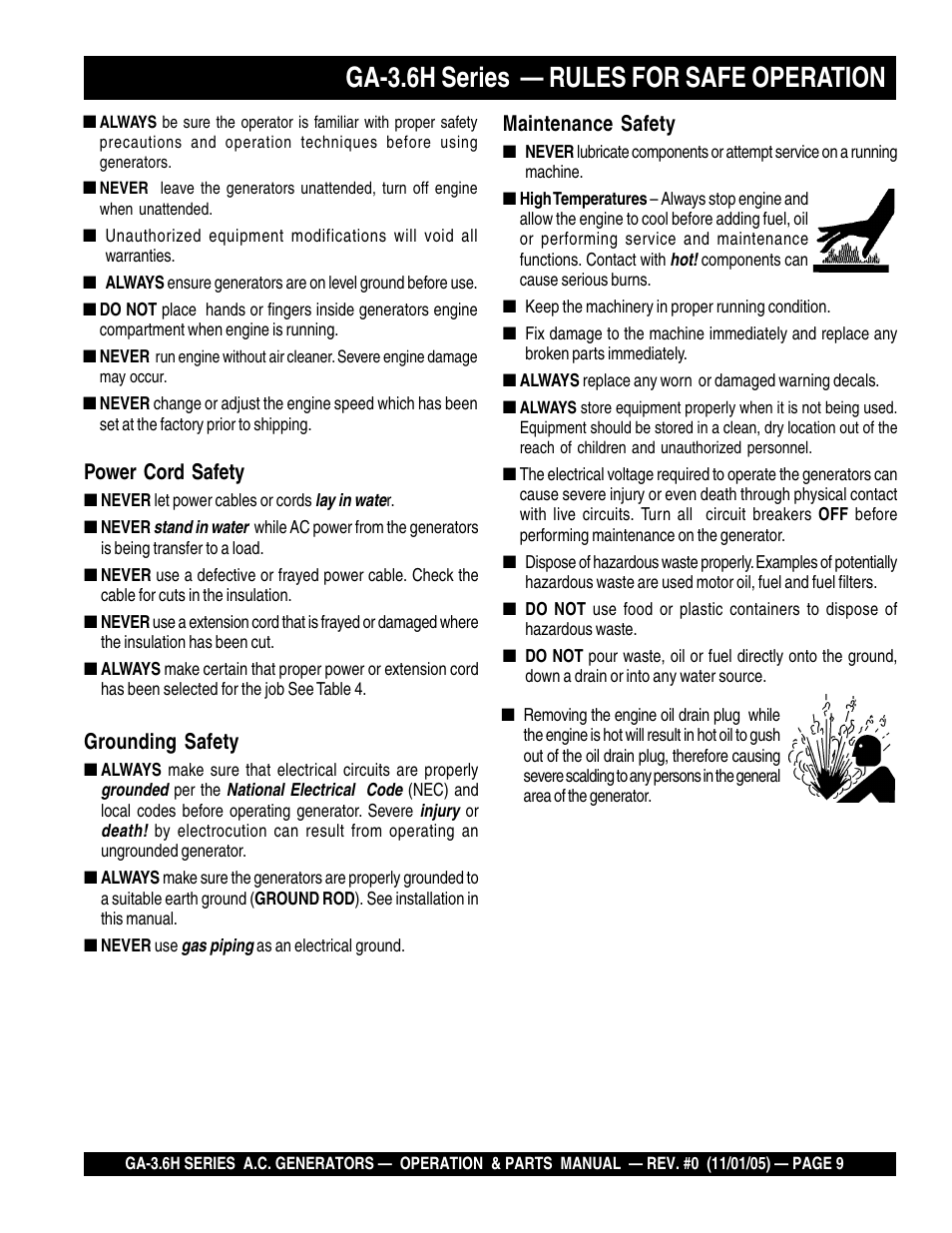 Ga-3.6h series — rules for safe operation, Power cord safety, Grounding safety | Maintenance safety | Multiquip GA3.6H Series User Manual | Page 9 / 86