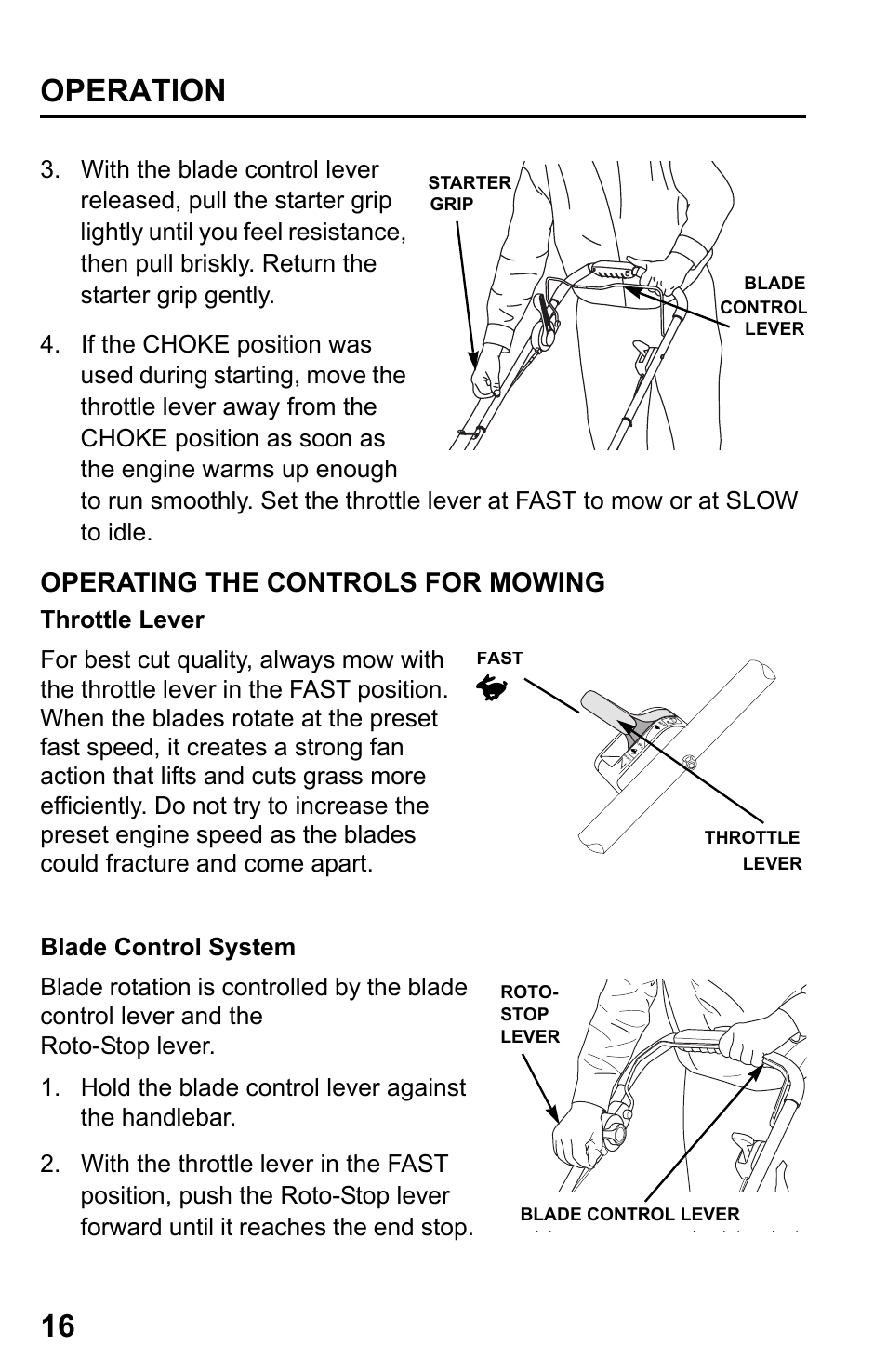 Operating the controls for mowing, Throttle lever, Blade control system | Operation 16 | HONDA HRR216VXA User Manual | Page 18 / 68