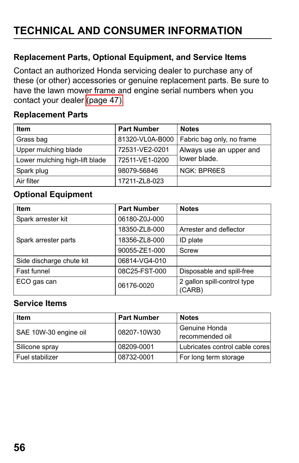 Technical and consumer information 56 | HONDA HRR216VXA User Manual | Page 58 / 68