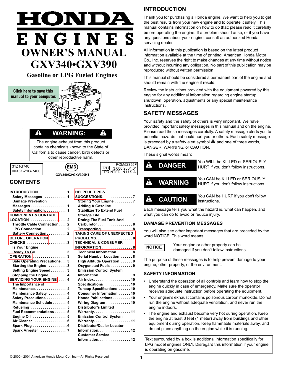 HONDA GXV390 User Manual | 16 pages