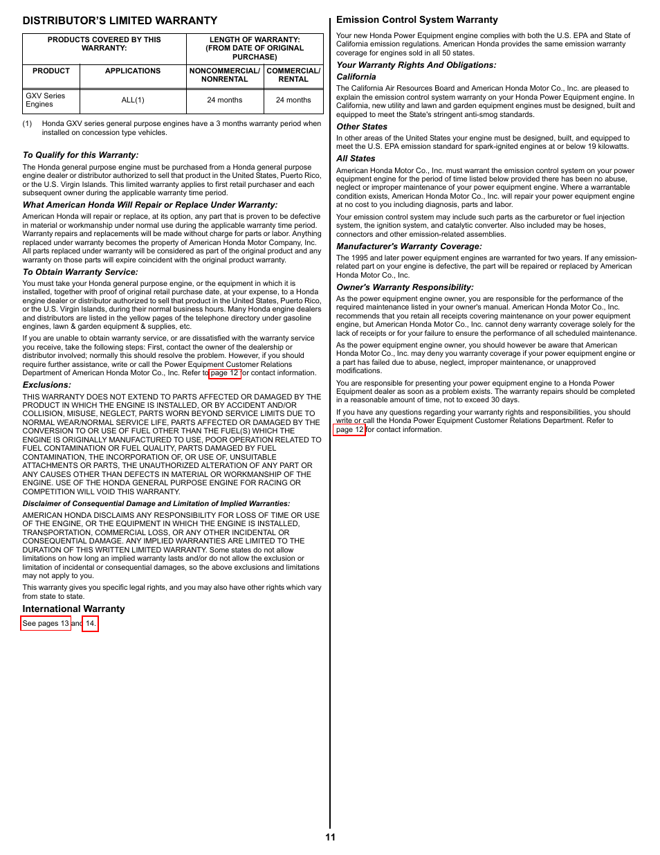 Distributor's limited warranty, Emission control system warranty, Distributor’s limited warranty | HONDA GXV390 User Manual | Page 11 / 16