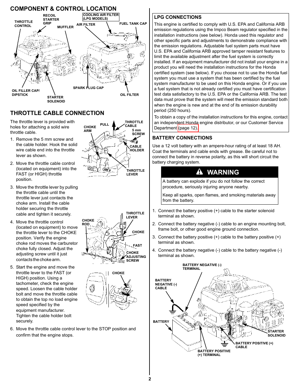 Component & control location, Throttle cable connection, Lpg connections | Battery connections, Warning | HONDA GXV390 User Manual | Page 2 / 16