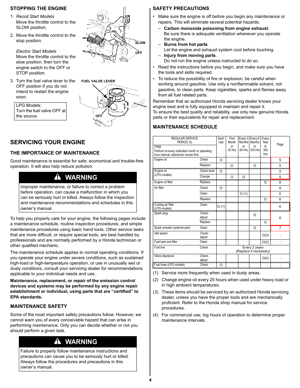 Stopping the engine, Servicing your engine, The importance of maintenance | Maintenance safety, Safety precautions, Maintenance schedule, Warning | HONDA GXV390 User Manual | Page 4 / 16