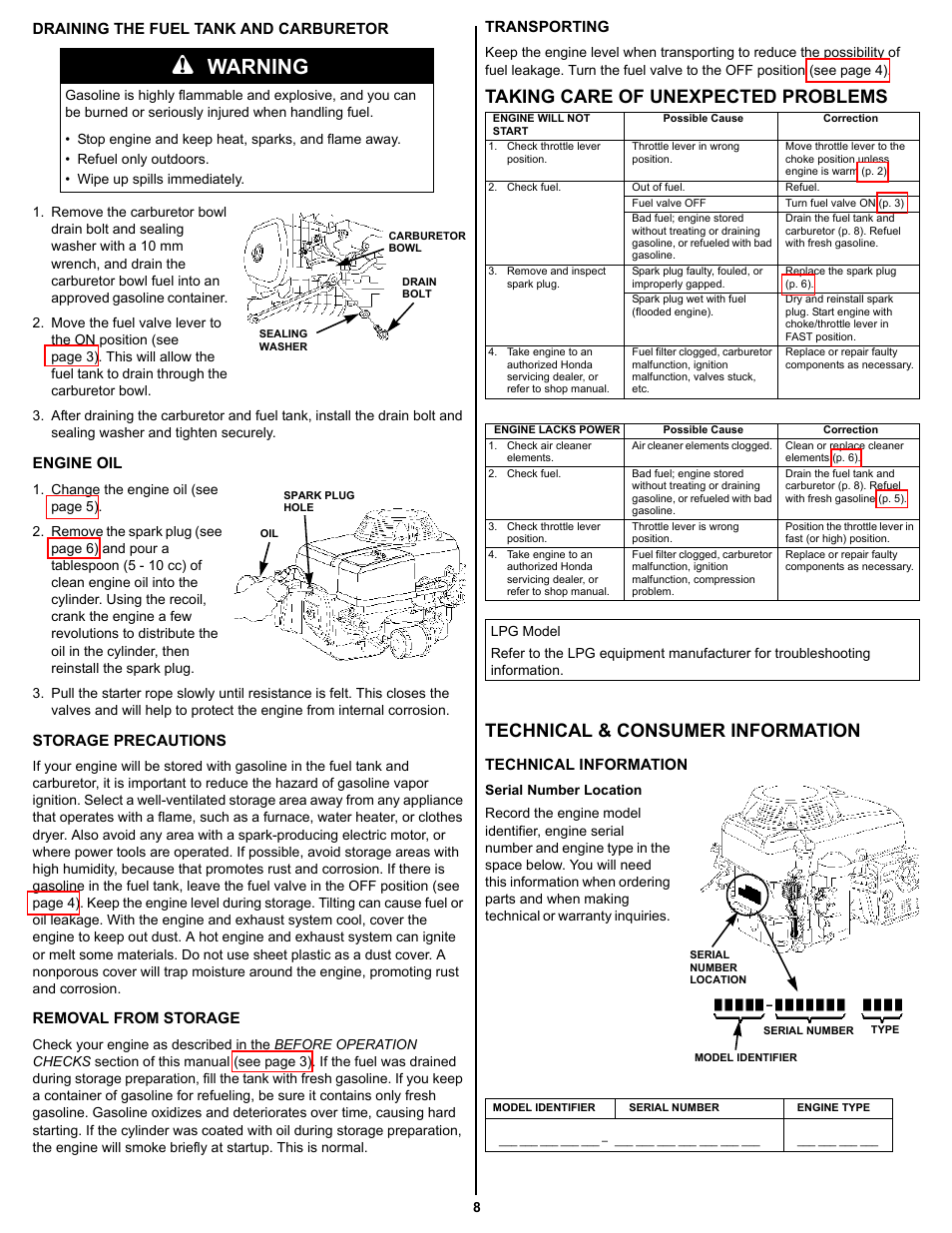 Draining the fuel tank and carburetor, Engine oil, Storage precautions | Removal from storage, Transporting, Taking care of unexpected problems, Engine will not start, Engine lacks power, Technical & consumer information, Technical information | HONDA GXV390 User Manual | Page 8 / 16