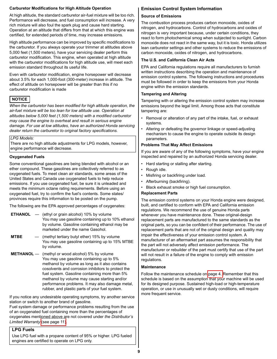 Oxygenated fuels, Emission control system information | HONDA GXV390 User Manual | Page 9 / 16