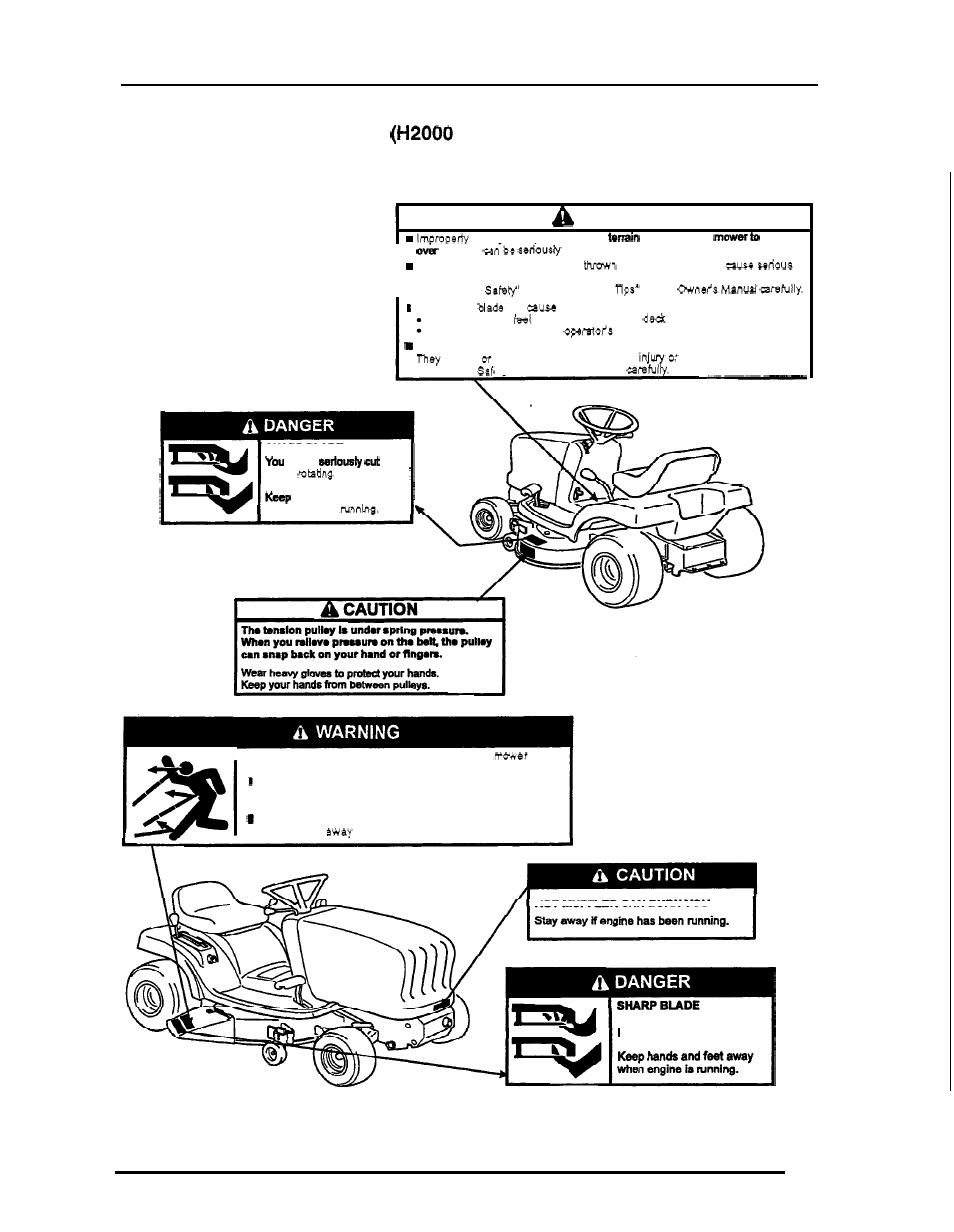 Safety label locations (h2000 series), Safety, The lawn | Series), Safety label locations, Read all, Instructions before operating, Tractor. warning | HONDA H2000 User Manual | Page 9 / 20