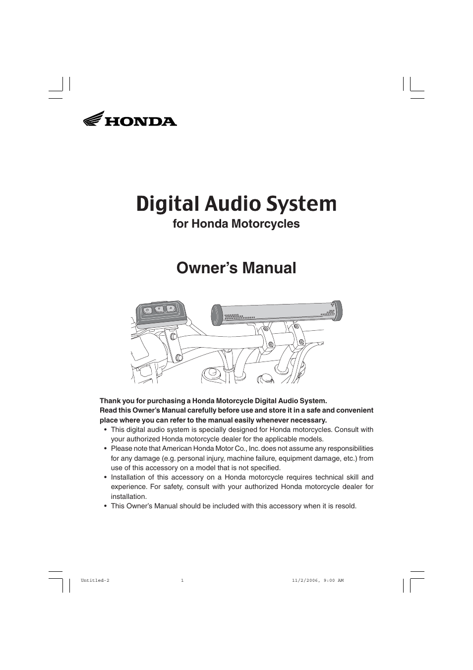 HONDA Digital Audio System for Honda Motorcycle User Manual | 16 pages