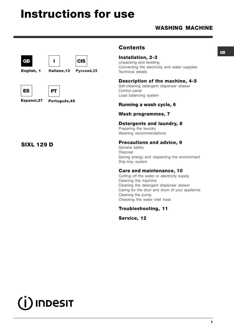 Indesit SIXL 129D User Manual | 60 pages