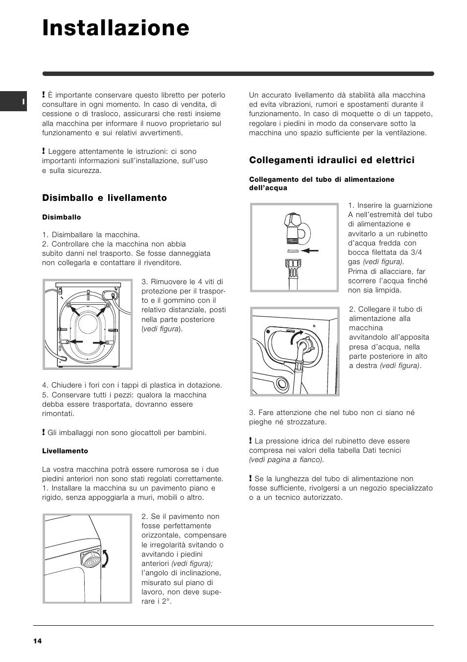 Installazione, Disimballo e livellamento, Collegamenti idraulici ed elettrici | Indesit SIXL 129D User Manual | Page 14 / 60