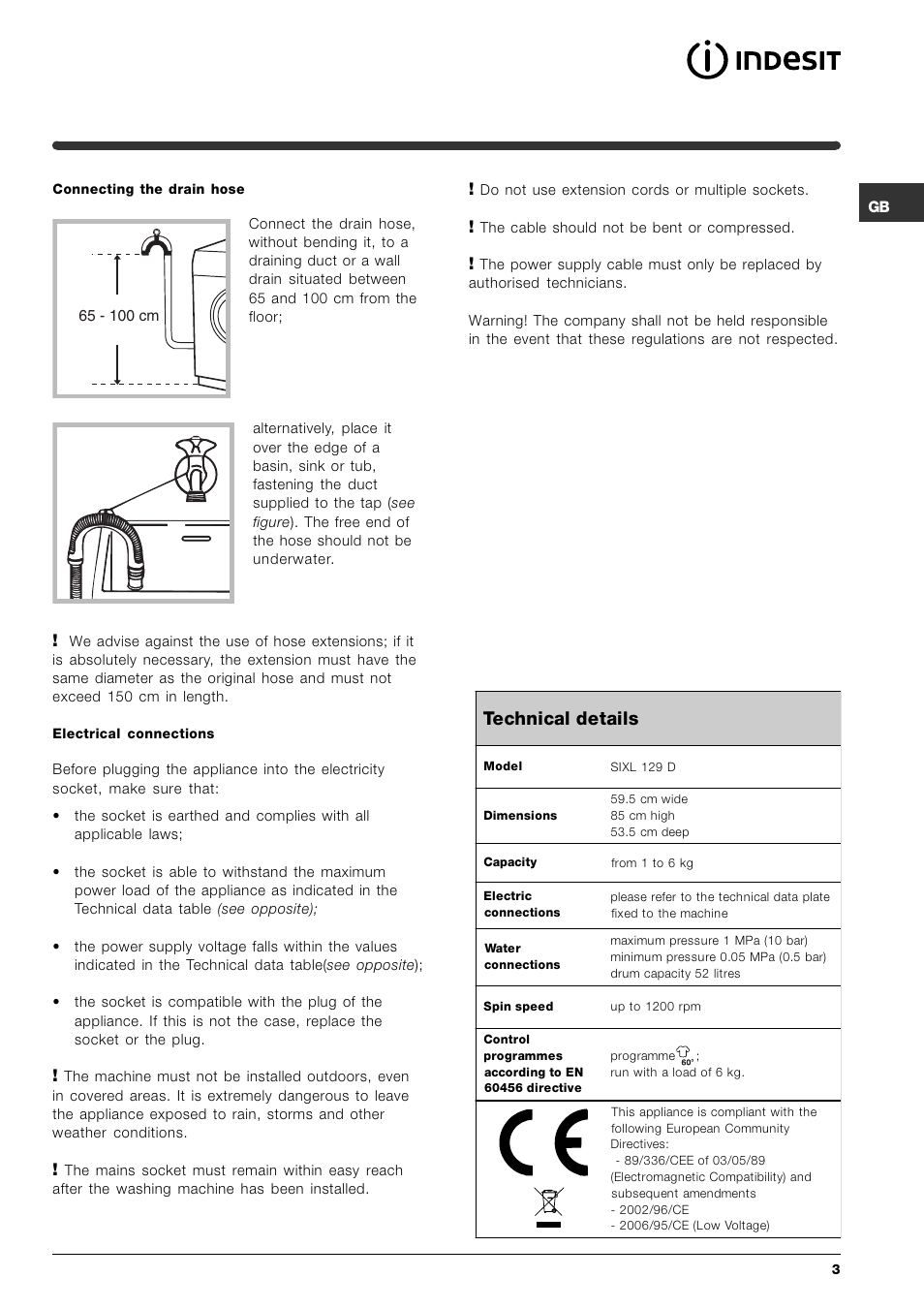 Technical details | Indesit SIXL 129D User Manual | Page 3 / 60
