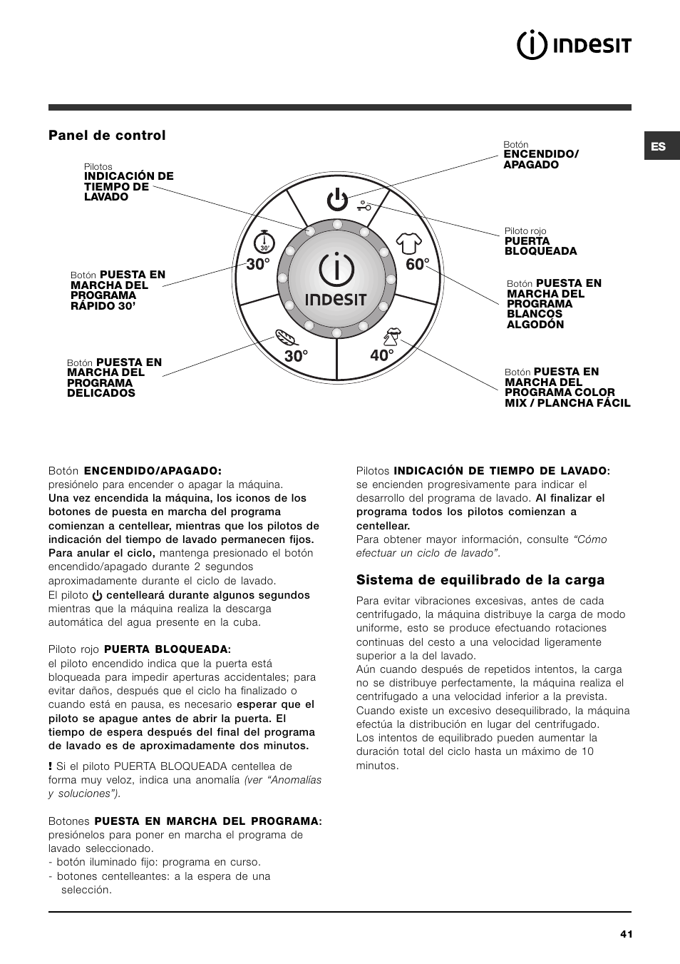 Sistema de equilibrado de la carga, Panel de control | Indesit SIXL 129D User Manual | Page 41 / 60