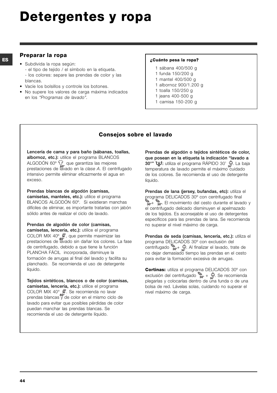 Detergentes y ropa, Consejos sobre el lavado, Preparar la ropa | Indesit SIXL 129D User Manual | Page 44 / 60