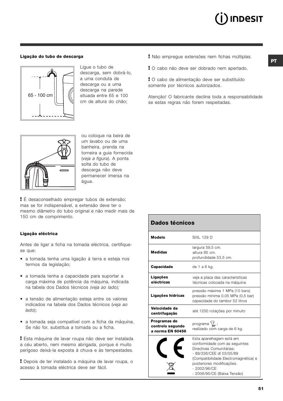 Dados técnicos | Indesit SIXL 129D User Manual | Page 51 / 60