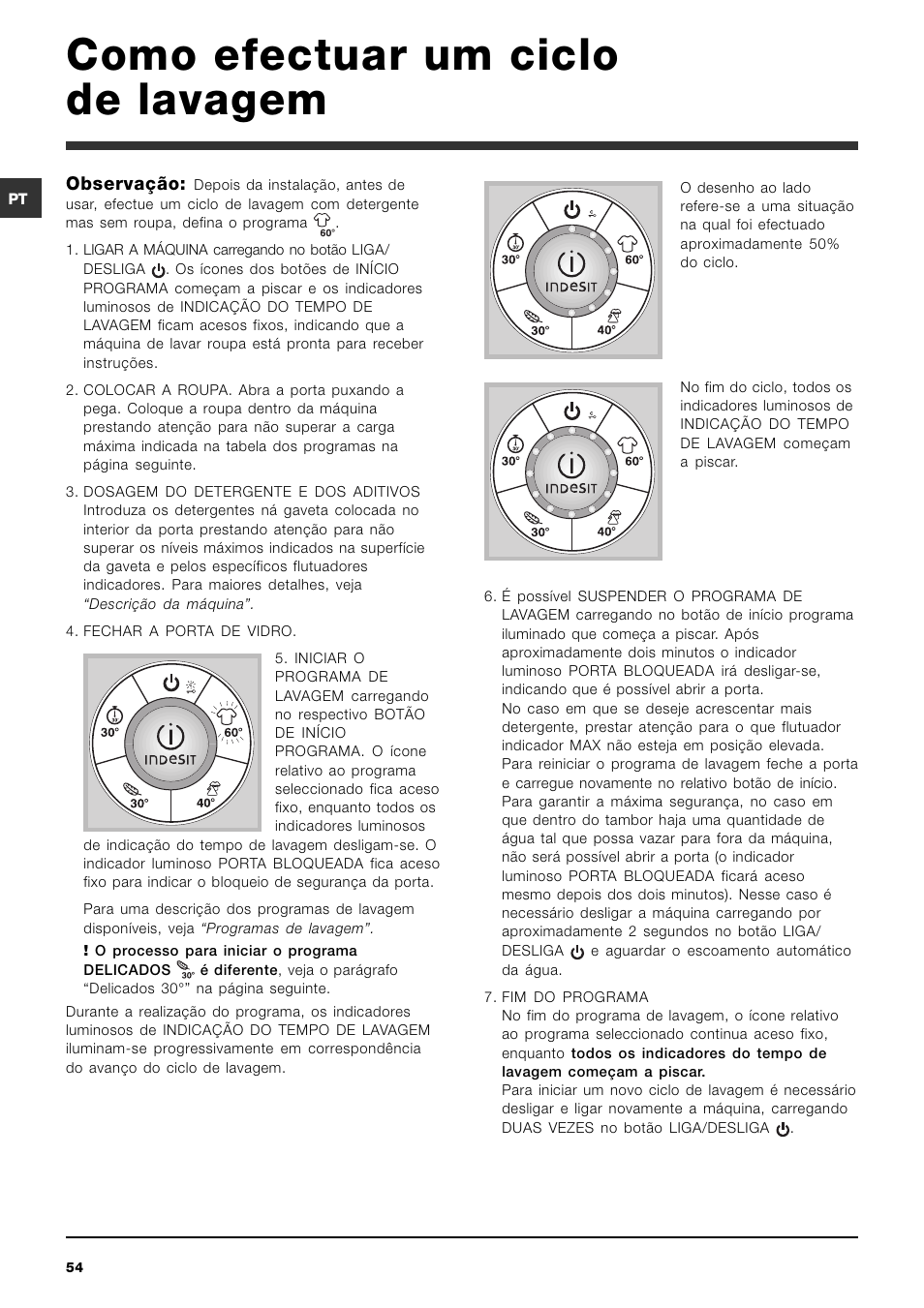 Como efectuar um ciclo de lavagem | Indesit SIXL 129D User Manual | Page 54 / 60