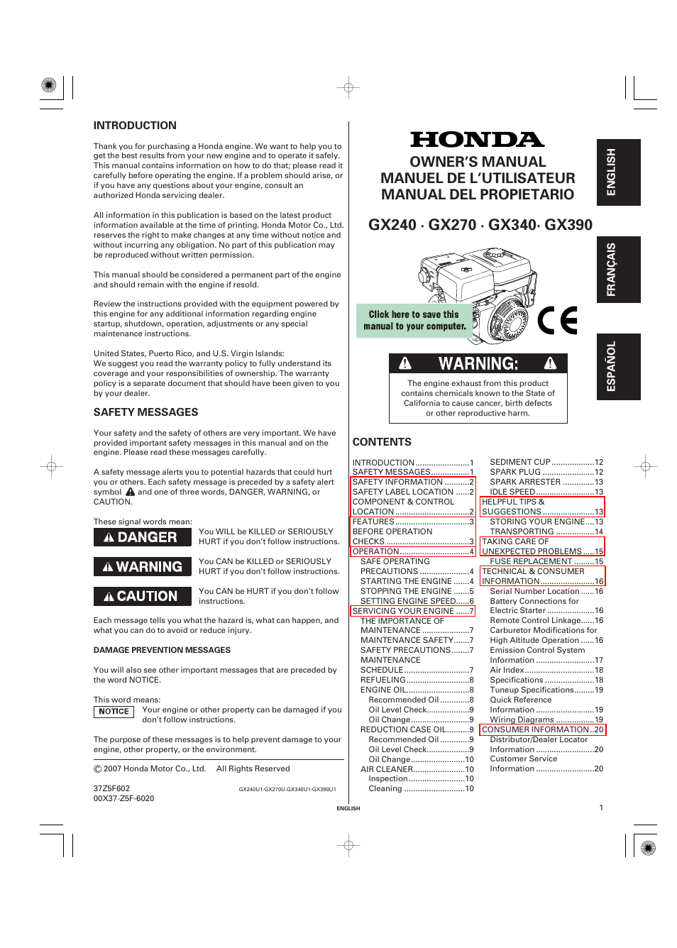 HONDA GX270 User Manual | 60 pages