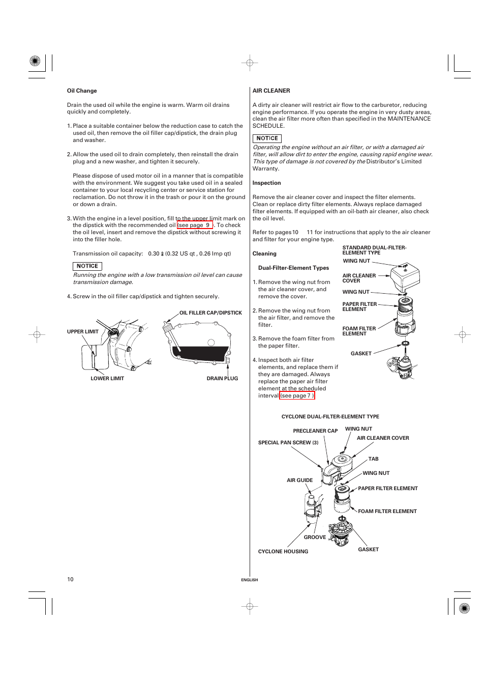 Oil change, Air cleaner, Inspection | Cleaning | HONDA GX270 User Manual | Page 10 / 60