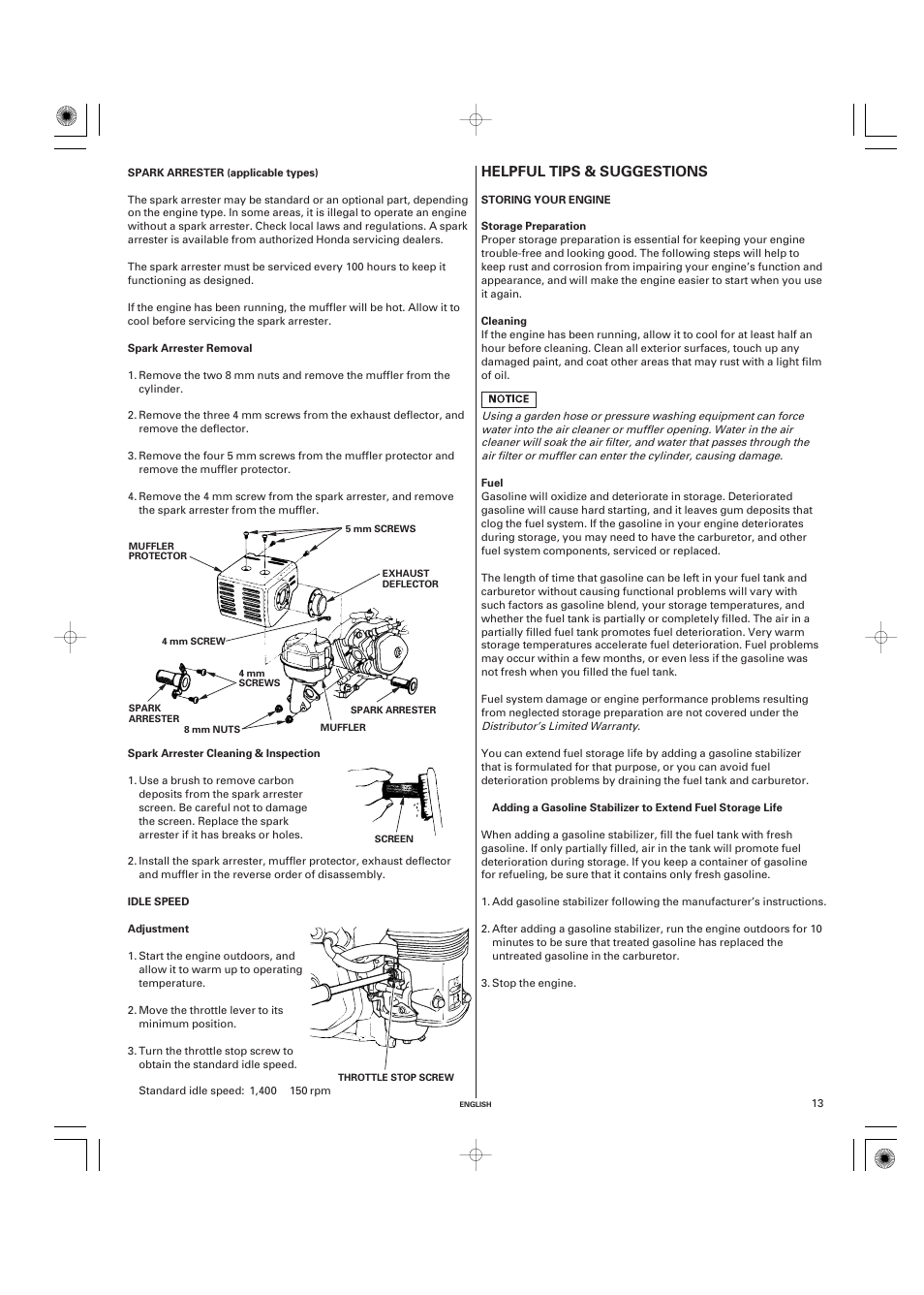 Spark arrester (applicable types), Removal, Cleaning & inspection | Idle speed, Adjustment, Helpful tips & suggestions, Storing your engine, Storage preparation, Cleaning, Fuel | HONDA GX270 User Manual | Page 13 / 60