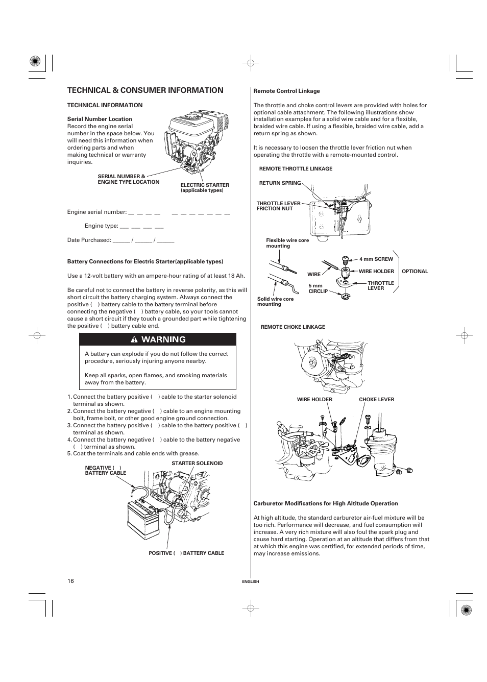 Technical & consumer information, Technical information, Serial number location | Remote control linkage, Technical & consumer, Information | HONDA GX270 User Manual | Page 16 / 60