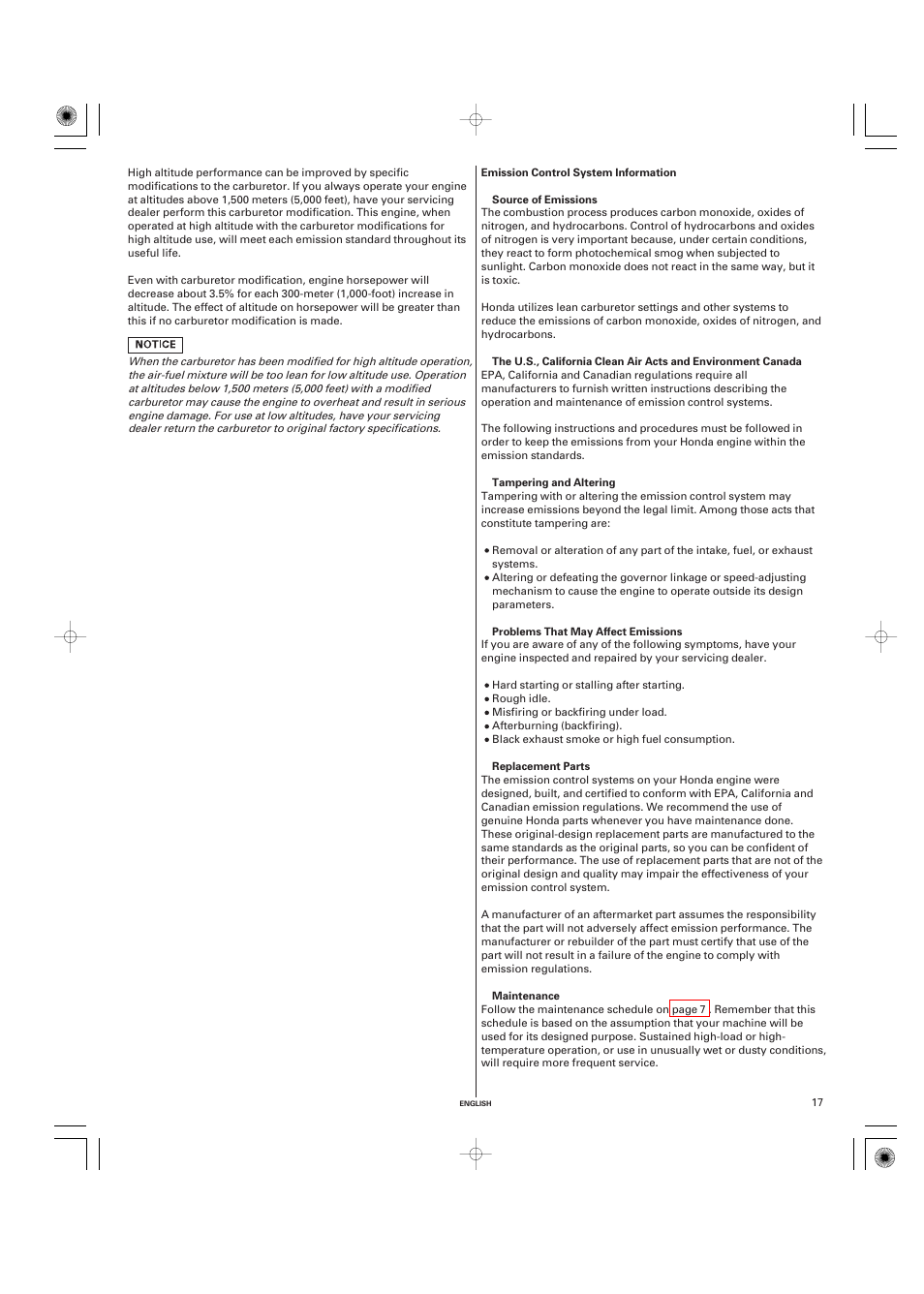 Emission control system information | HONDA GX270 User Manual | Page 17 / 60