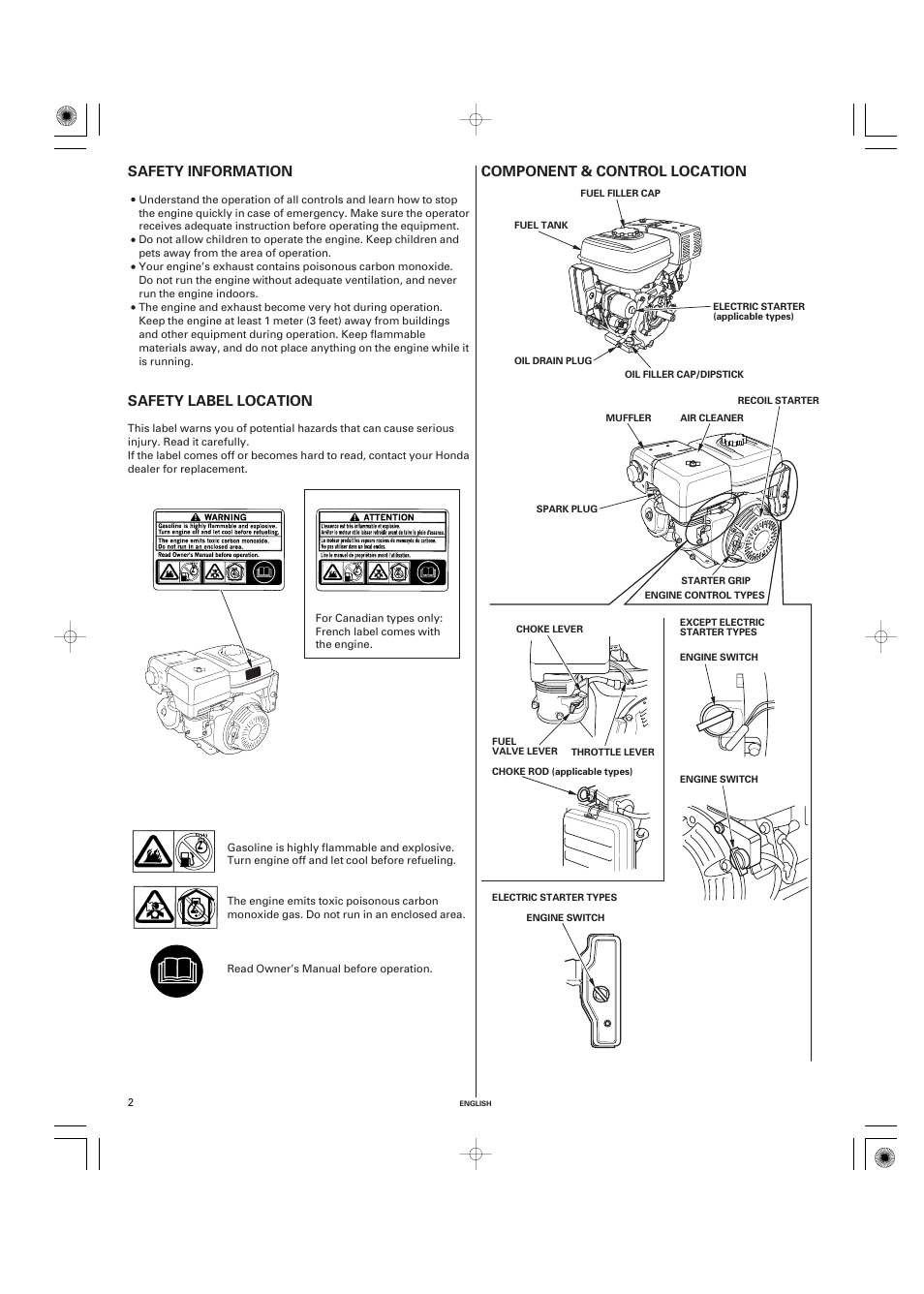 Safety information, Safety label location, Component & control location | Component & control, Location | HONDA GX270 User Manual | Page 2 / 60