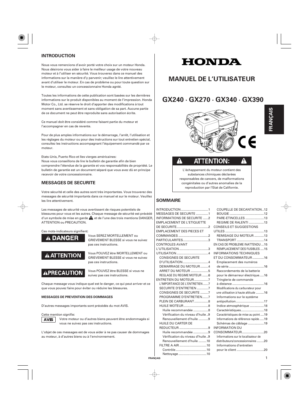 Français, Manuel de l’utilisateur, Fr anç a is | HONDA GX270 User Manual | Page 21 / 60