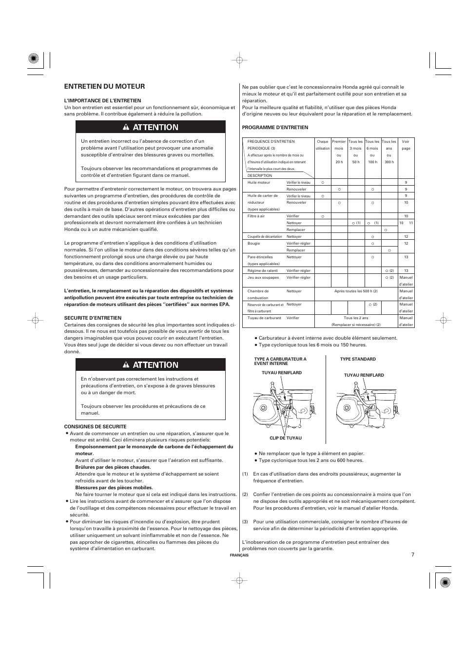 Entretien du moteur | HONDA GX270 User Manual | Page 27 / 60