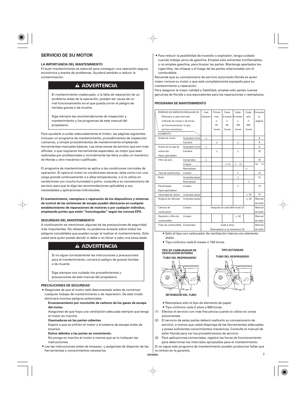 Servicio de su motor | HONDA GX270 User Manual | Page 47 / 60