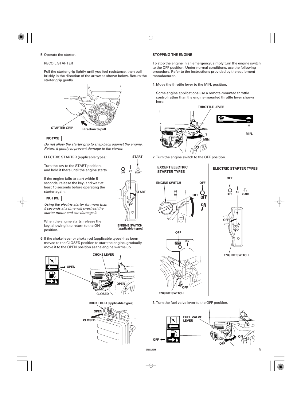 Stopping the engine | HONDA GX270 User Manual | Page 5 / 60