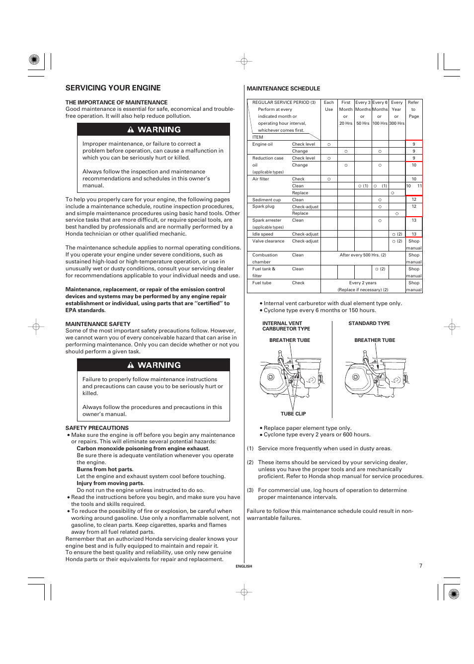 Servicing your engine, The importance of maintenance, Maintenance safety | Safety precautions, Maintenance schedule | HONDA GX270 User Manual | Page 7 / 60