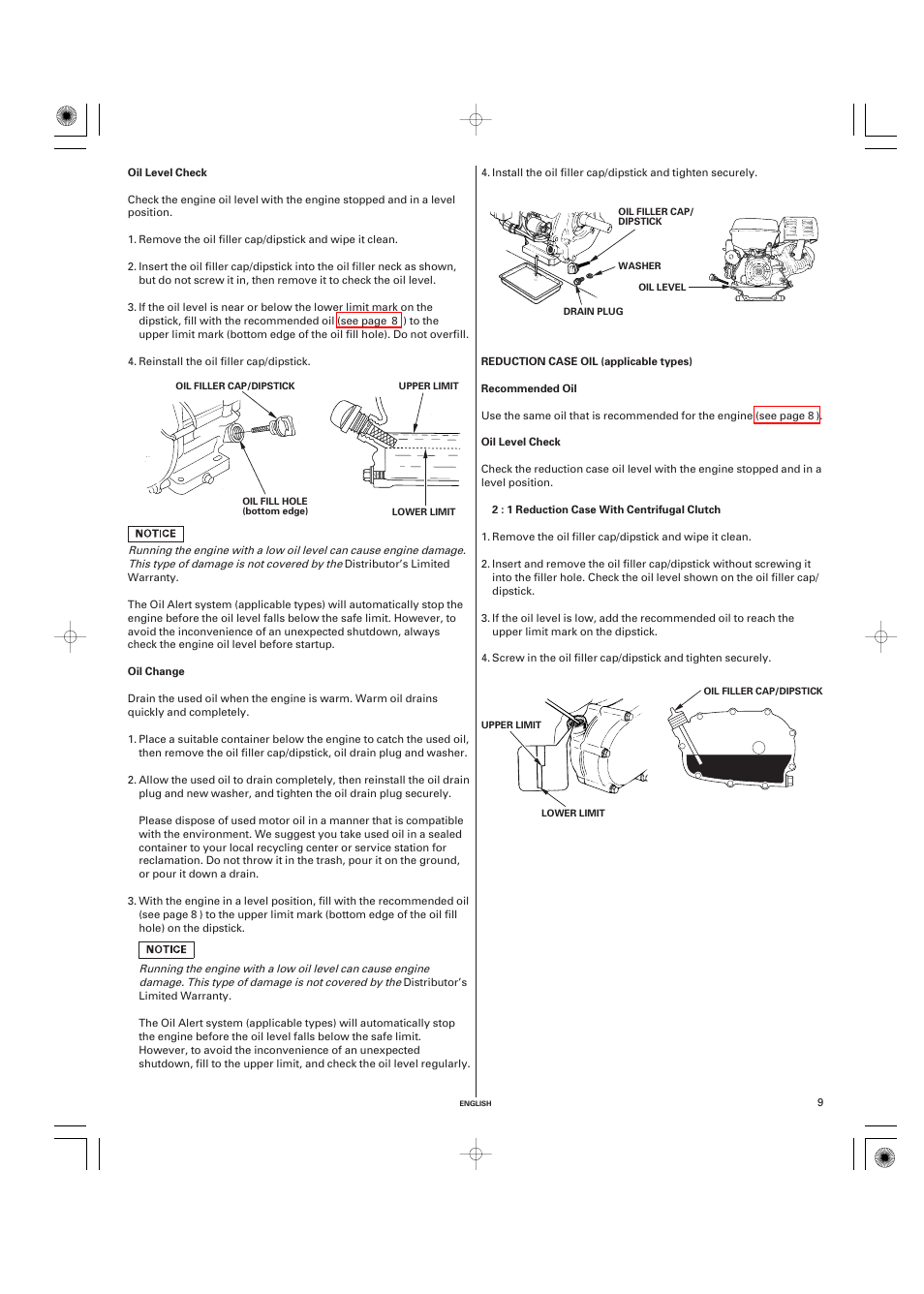 Oil level check | HONDA GX270 User Manual | Page 9 / 60