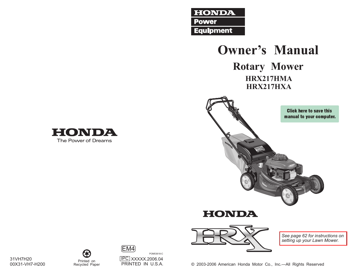 HONDA HRX217HXA User Manual | 86 pages