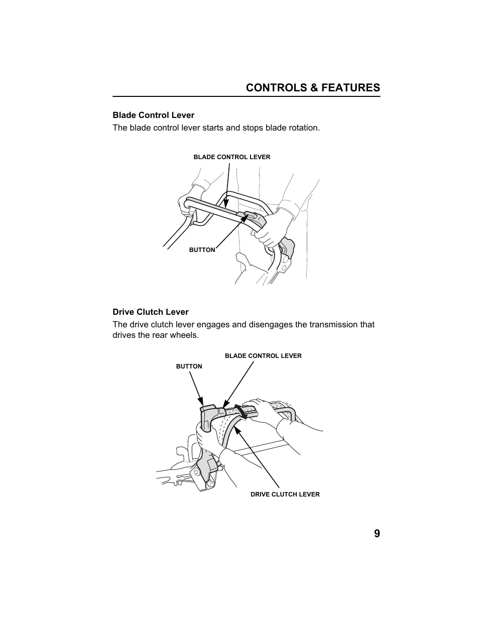 Blade control lever, Drive clutch lever, Controls & features 9 | HONDA HRX217HXA User Manual | Page 11 / 86