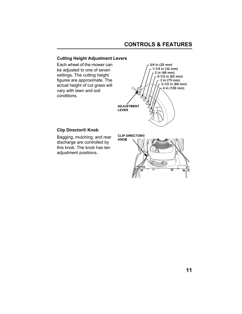 Cutting height adjustment levers, Clip director® knob, Controls & features 11 | HONDA HRX217HXA User Manual | Page 13 / 86