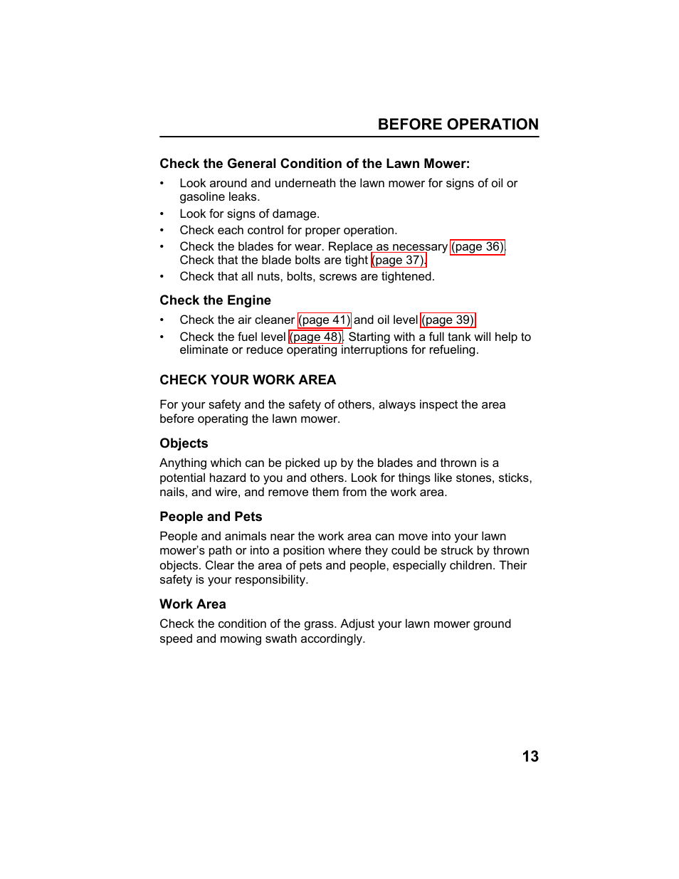 Check your work area, Before operation 13 | HONDA HRX217HXA User Manual | Page 15 / 86