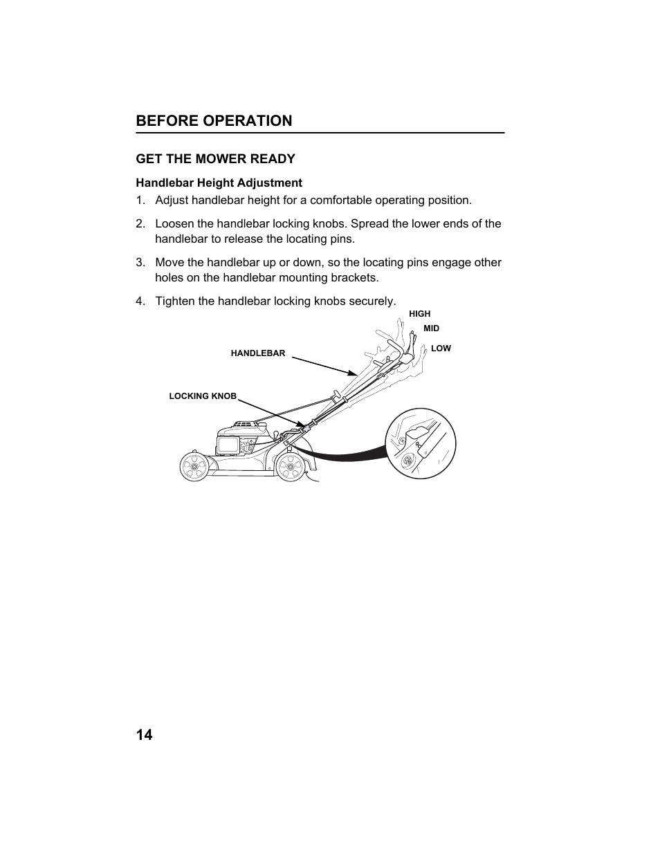 Get the mower ready, Handlebar height adjustment, Before operation 14 | HONDA HRX217HXA User Manual | Page 16 / 86