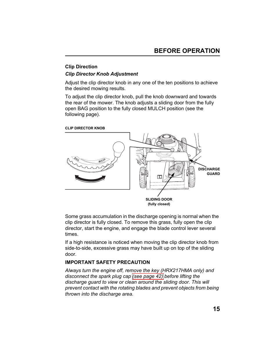 Clip direction, Before operation 15 | HONDA HRX217HXA User Manual | Page 17 / 86