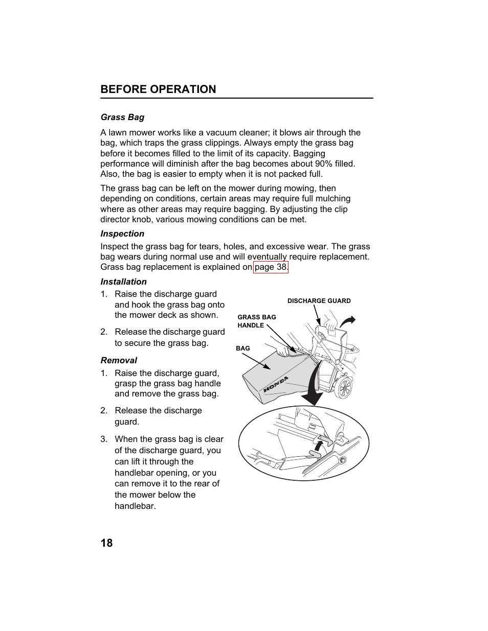 Grass bag, Before operation 18 | HONDA HRX217HXA User Manual | Page 20 / 86