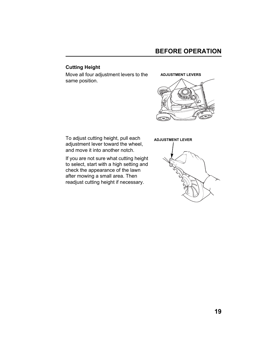 Cutting height, Before operation 19 | HONDA HRX217HXA User Manual | Page 21 / 86