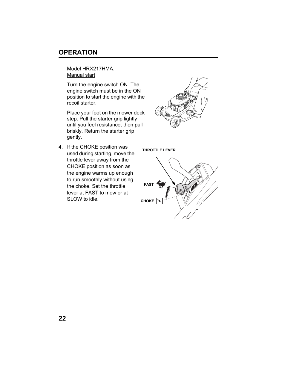 Operation 22 | HONDA HRX217HXA User Manual | Page 24 / 86