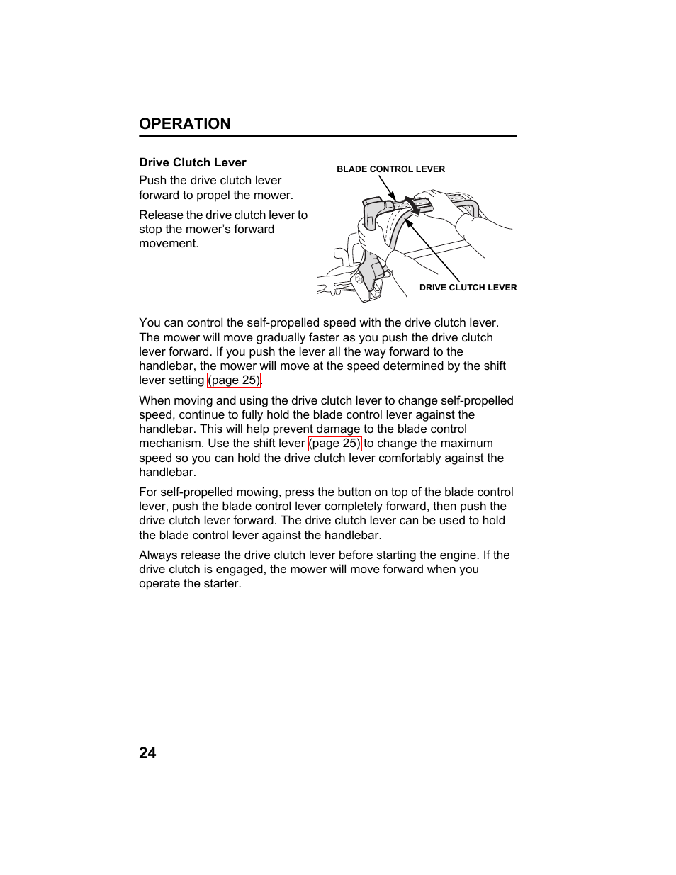 Drive clutch lever, Operation 24 | HONDA HRX217HXA User Manual | Page 26 / 86