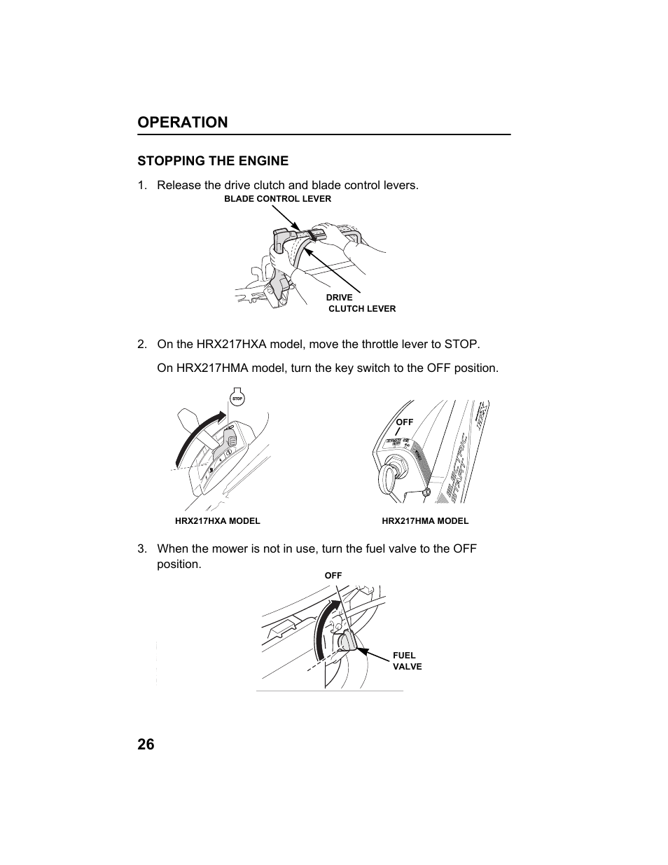 Stopping the engine, Operation 26 | HONDA HRX217HXA User Manual | Page 28 / 86