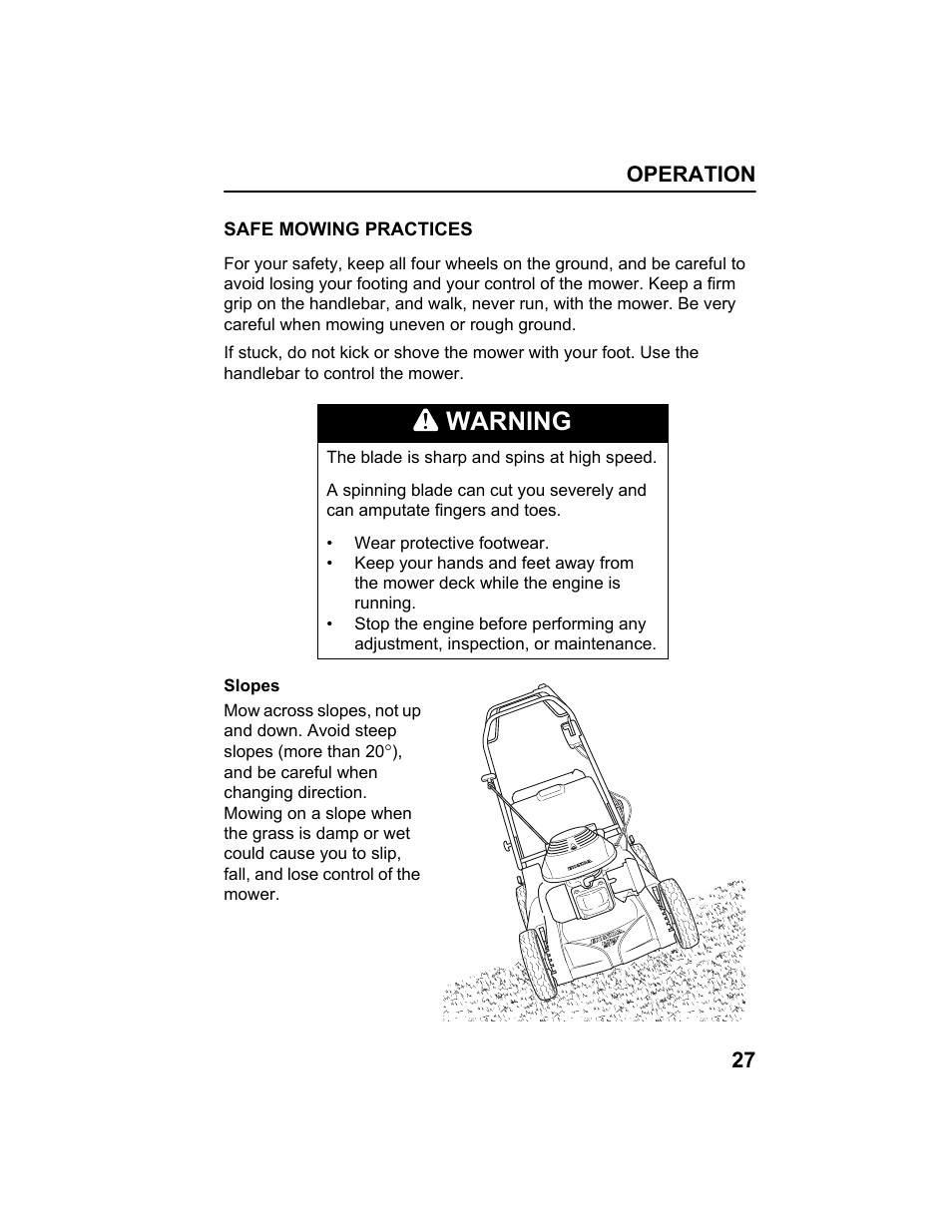 Safe mowing practices, Warning | HONDA HRX217HXA User Manual | Page 29 / 86