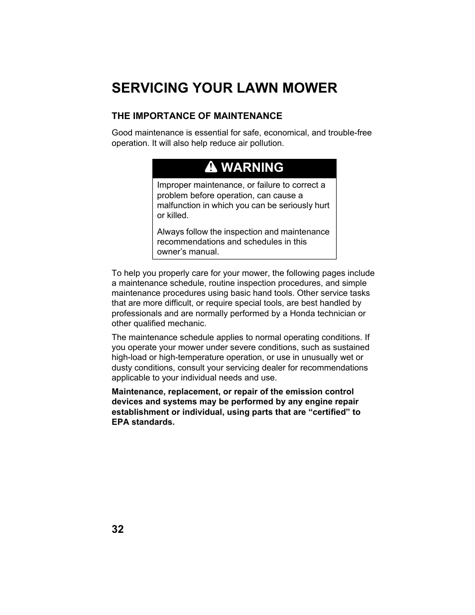 Servicing your lawn mower, The importance of maintenance, Warning | HONDA HRX217HXA User Manual | Page 34 / 86