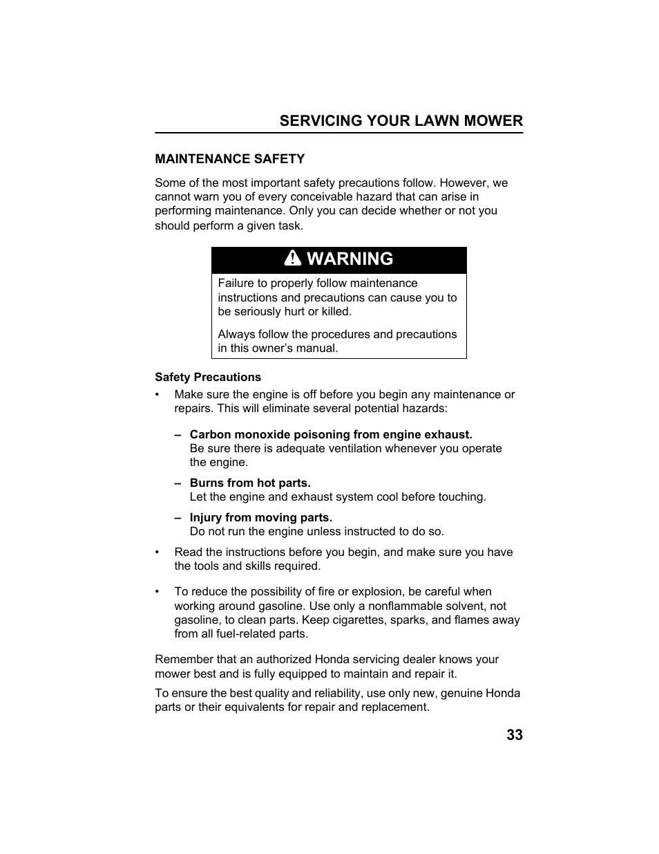 Maintenance safety, Warning | HONDA HRX217HXA User Manual | Page 35 / 86