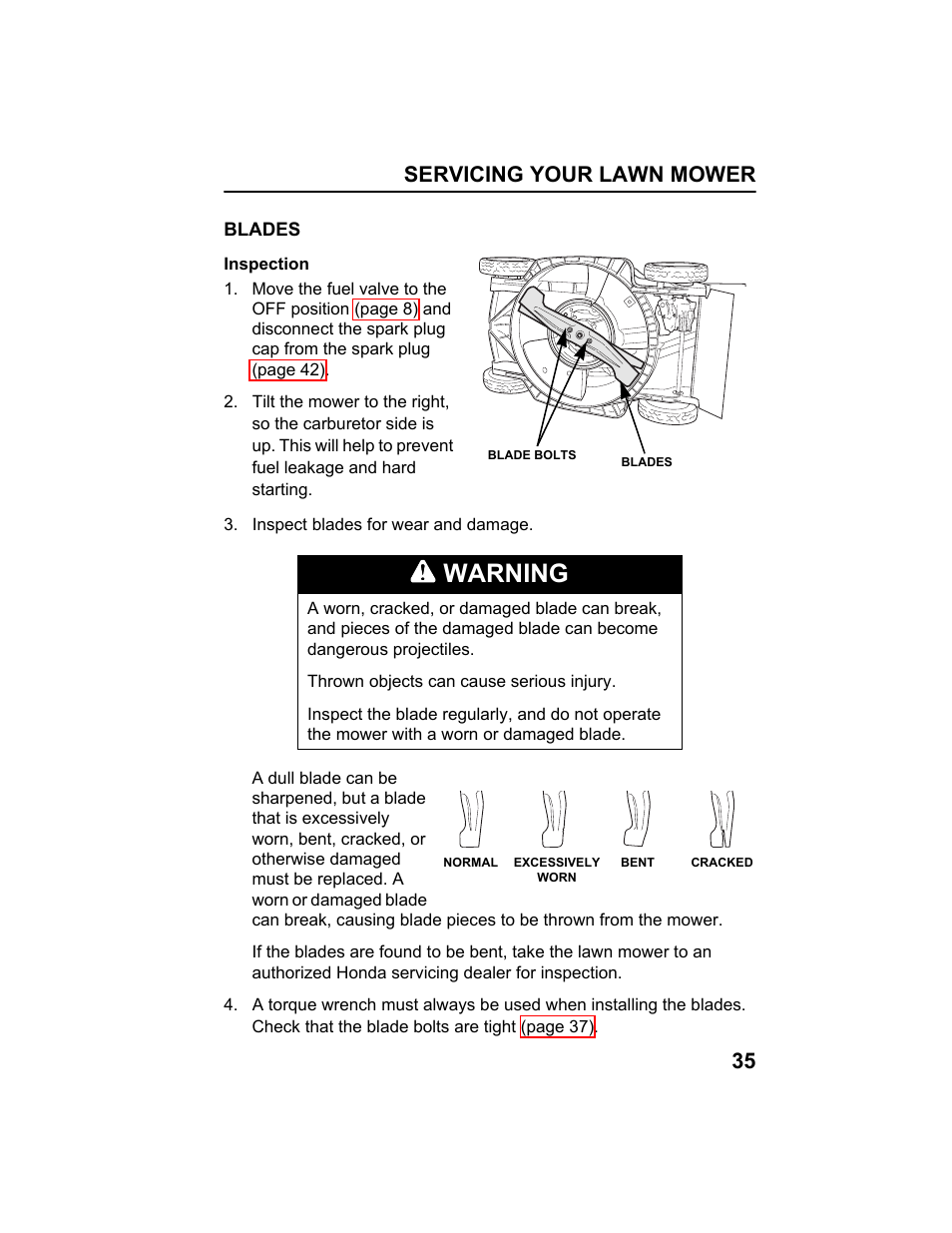 Blades, Warning, Servicing your lawn mower 35 | HONDA HRX217HXA User Manual | Page 37 / 86