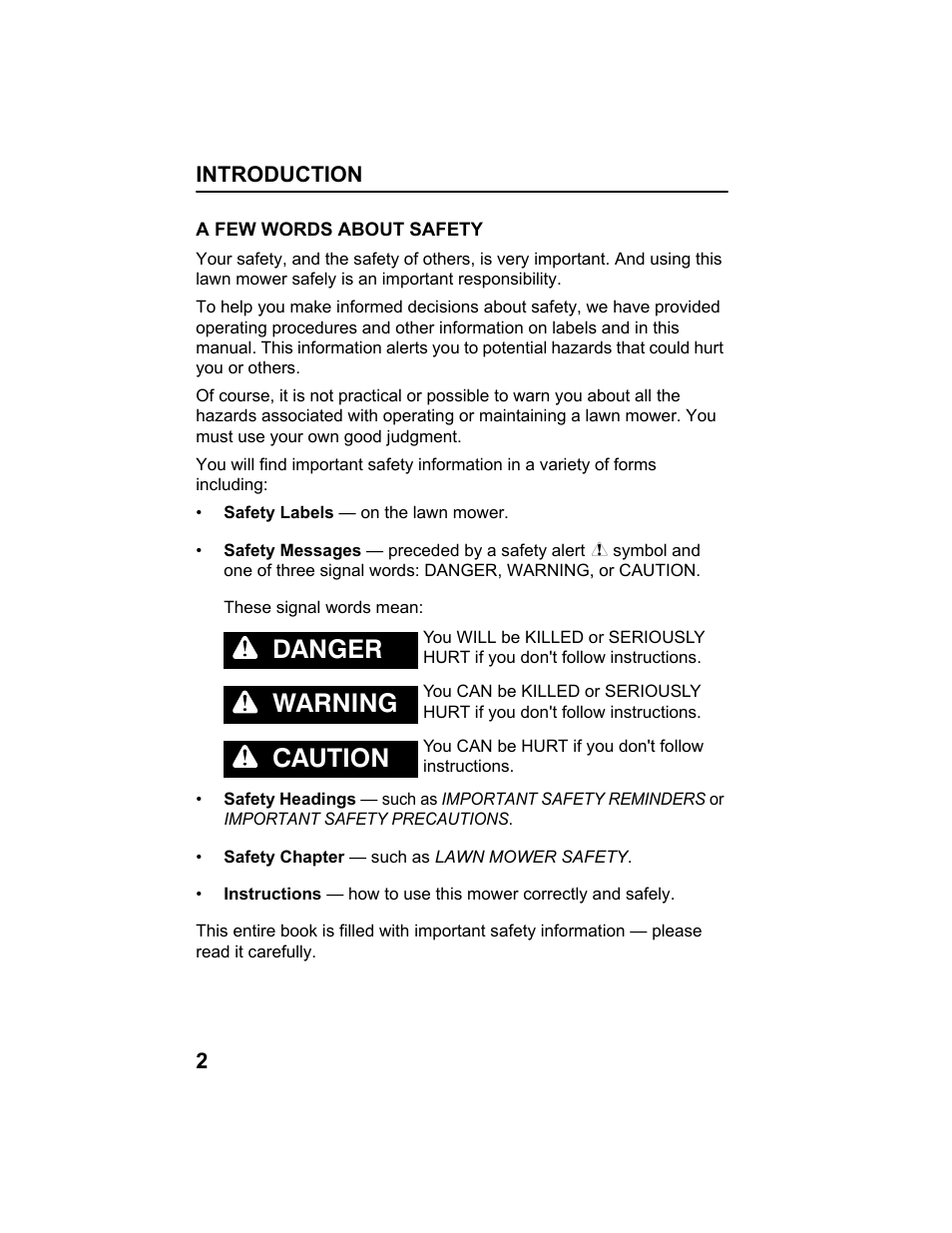 A few words about safety, Danger, Warning | Caution | HONDA HRX217HXA User Manual | Page 4 / 86